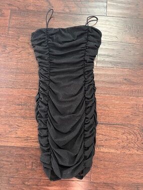 Misty Rose Black Sparkle Mini Dress Ruched Bodice with Spaghetti Straps Size Med